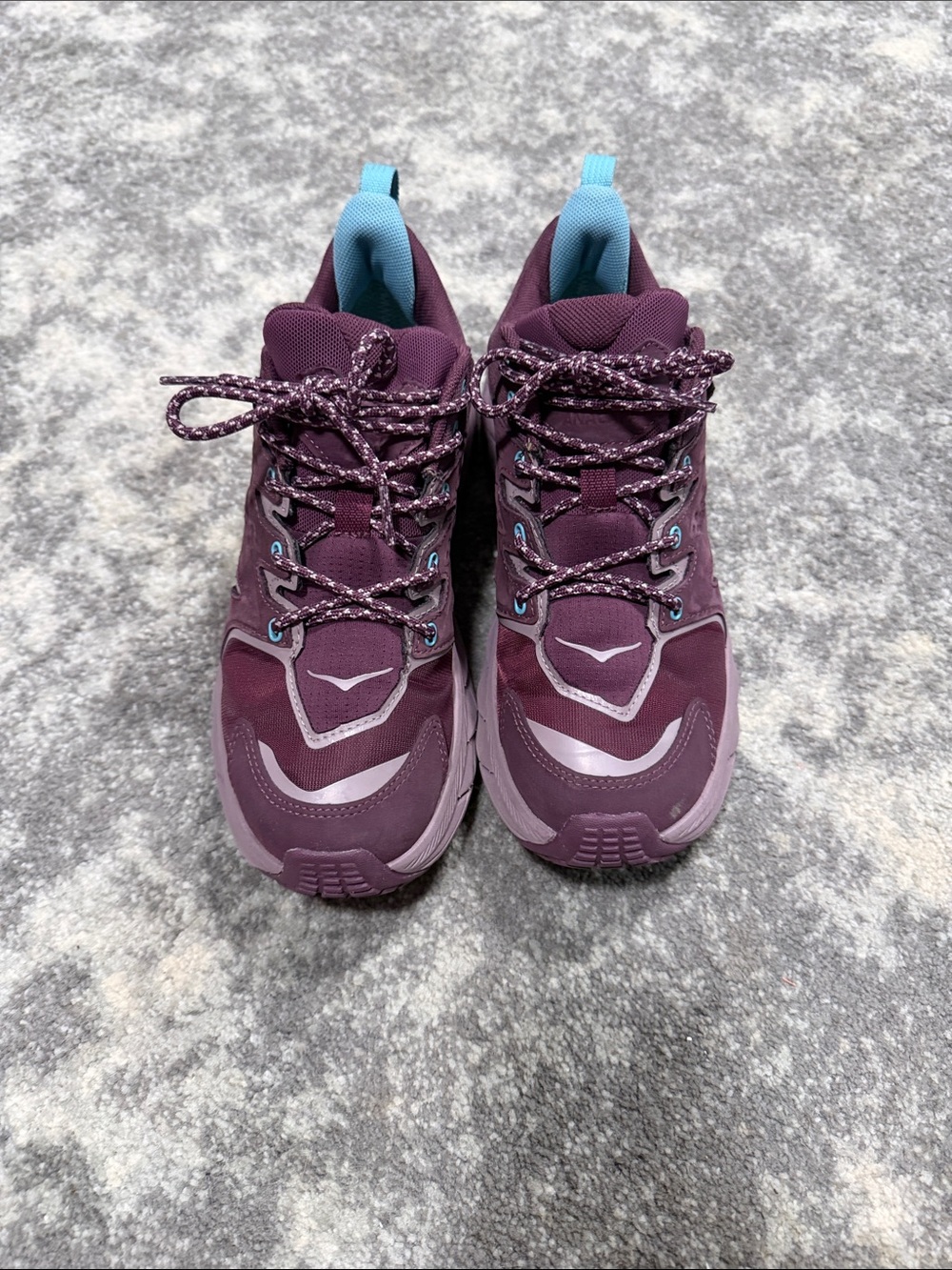 Hoka Women’s Plum and Light Blue Trail Sneakers